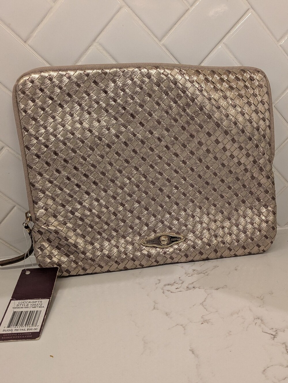 NWT Genuine Silver Metallic Braided Leather Zipper Clutch- chic, glam, evening